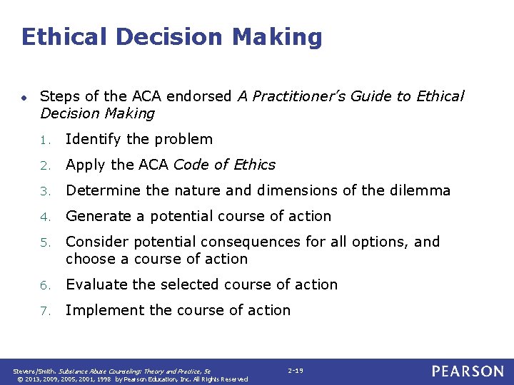 Ethical Decision Making ● Steps of the ACA endorsed A Practitioner’s Guide to Ethical