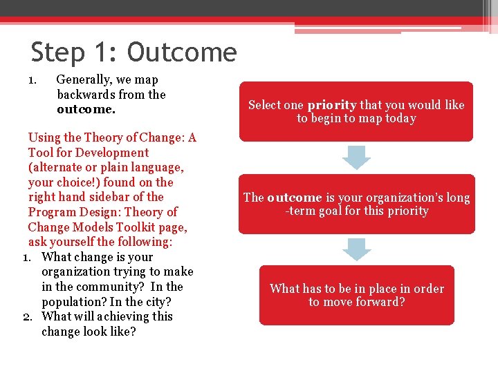 Step 1: Outcome 1. Generally, we map backwards from the outcome. Using the Theory