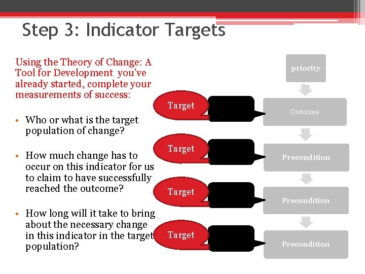 Step 3: Indicator Targets Using the Theory of Change: A Tool for Development you’ve