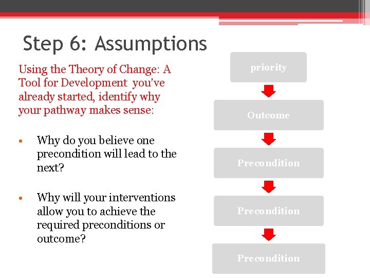 Step 6: Assumptions Using the Theory of Change: A Tool for Development you’ve already