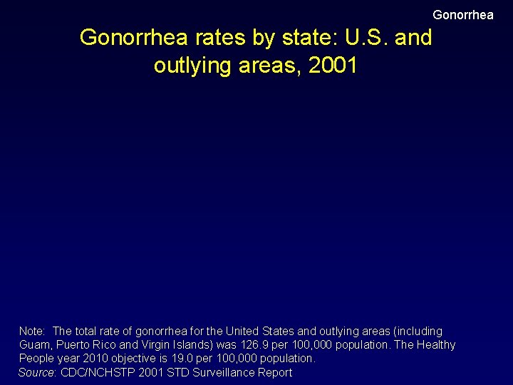 Gonorrhea rates by state: U. S. and outlying areas, 2001 Note: The total rate