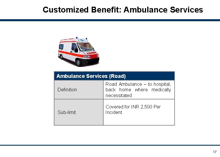 Customized Benefit: Ambulance Services (Road) Definition Sub-limit Road Ambulance – to hospital, back home