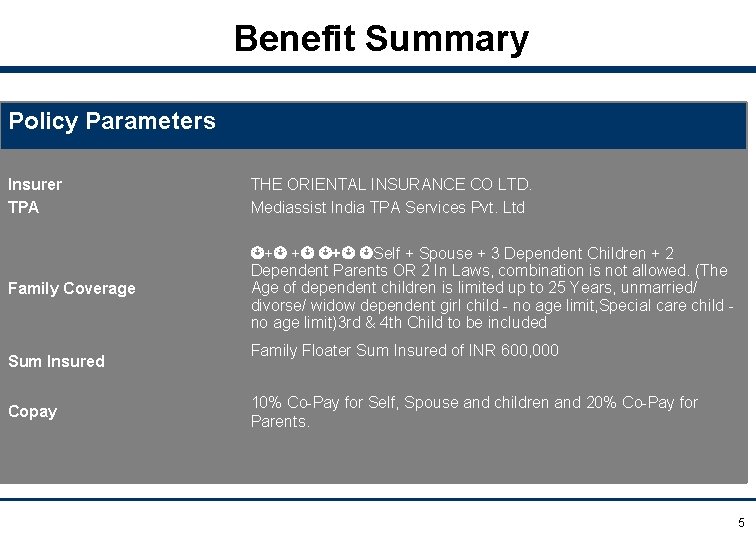 Benefit Summary Policy Parameters Insurer TPA THE ORIENTAL INSURANCE CO LTD. Mediassist India TPA