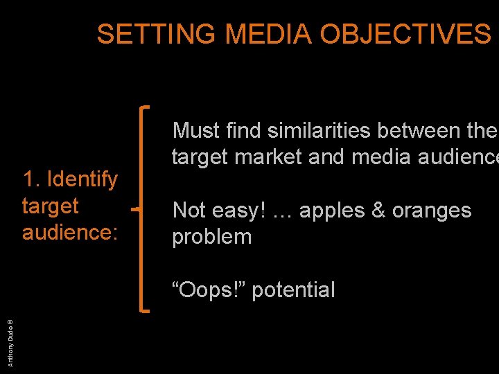 SETTING MEDIA OBJECTIVES 1. Identify target audience: Must find similarities between the target market