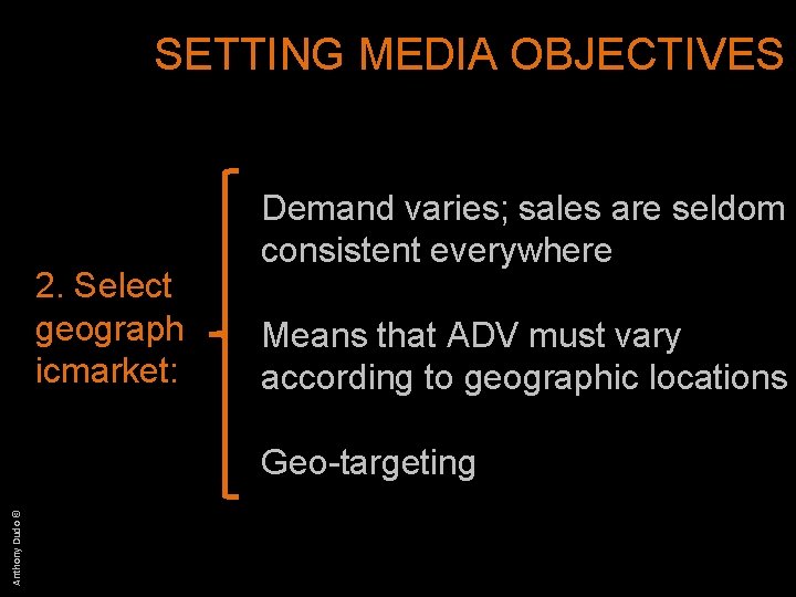 SETTING MEDIA OBJECTIVES 2. Select geograph icmarket: Demand varies; sales are seldom consistent everywhere