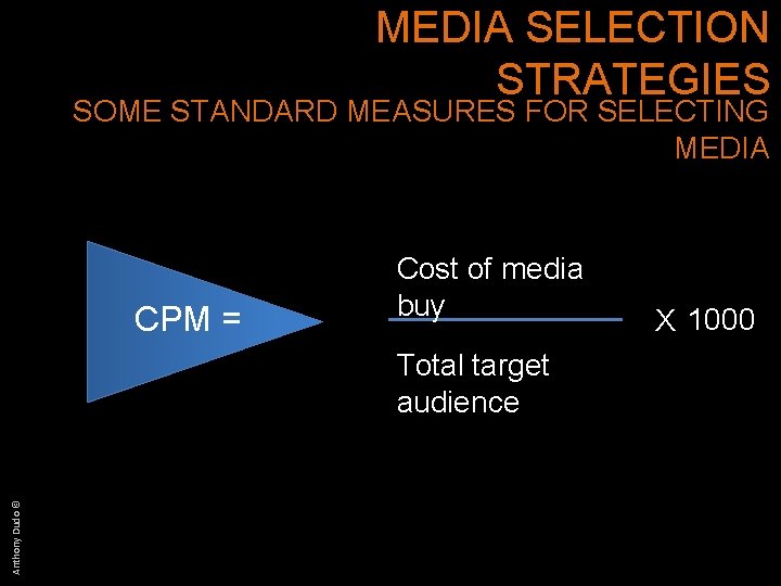 MEDIA SELECTION STRATEGIES SOME STANDARD MEASURES FOR SELECTING MEDIA CPM = Cost of media