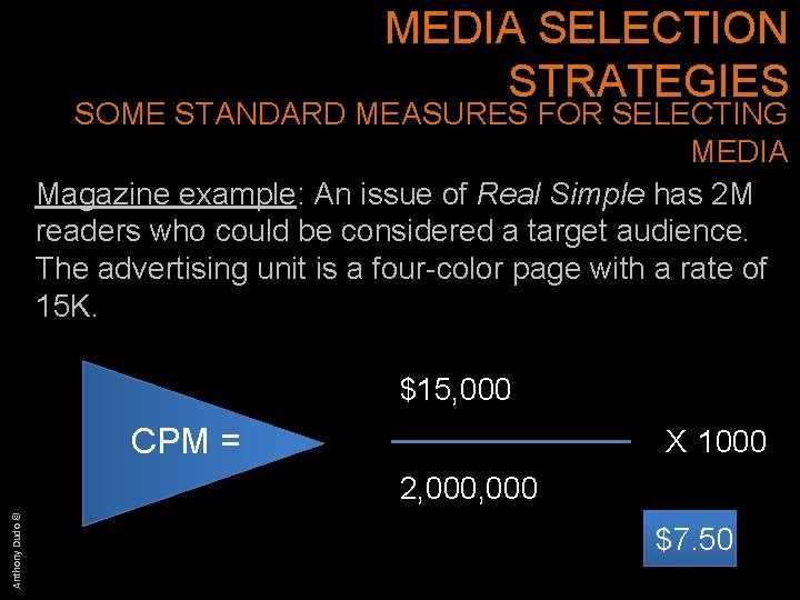 MEDIA SELECTION STRATEGIES SOME STANDARD MEASURES FOR SELECTING MEDIA Magazine example: An issue of