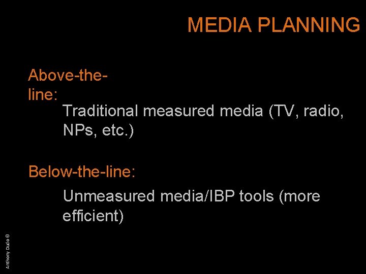 MEDIA PLANNING Above-theline: Traditional measured media (TV, radio, NPs, etc. ) Anthony Dudo ©