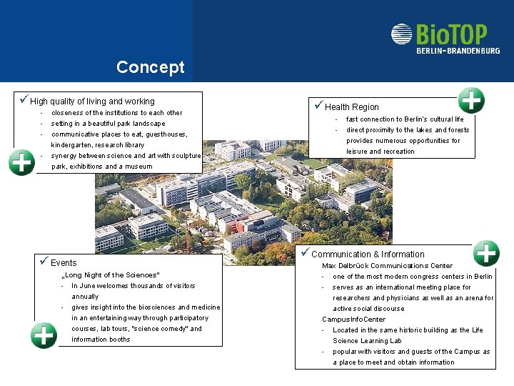 Concept ü High quality of living and working - closeness of the institutions to