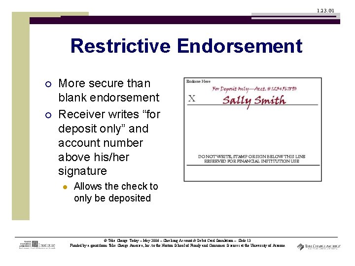 1. 2. 3. G 1 Restrictive Endorsement ¡ ¡ More secure than blank endorsement