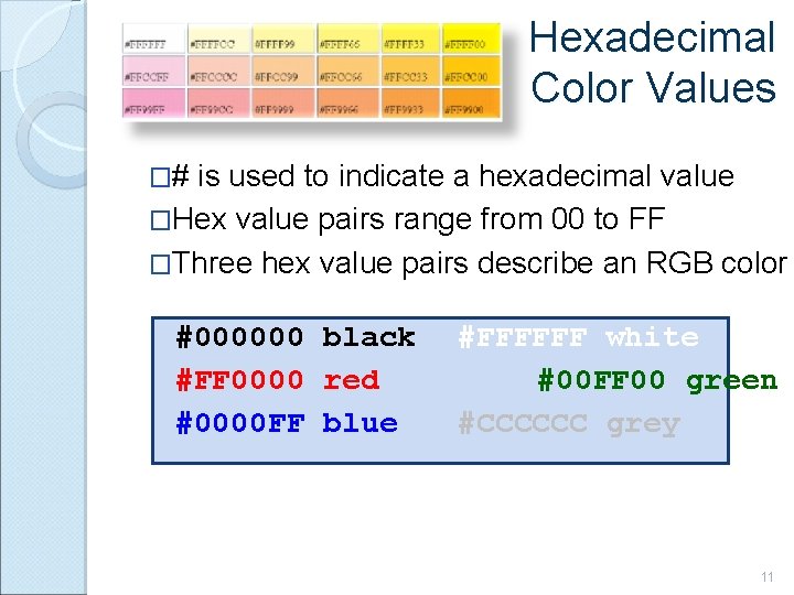 Hexadecimal Color Values �# is used to indicate a hexadecimal value �Hex value pairs