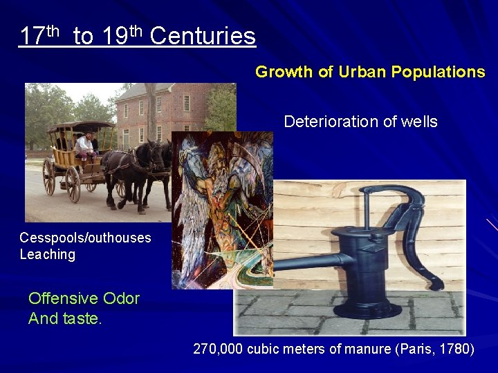 17 th to 19 th Centuries Growth of Urban Populations Deterioration of wells Cesspools/outhouses