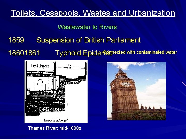 Toilets, Cesspools, Wastes and Urbanization Wastewater to Rivers 1859 Suspension of British Parliament 18601861