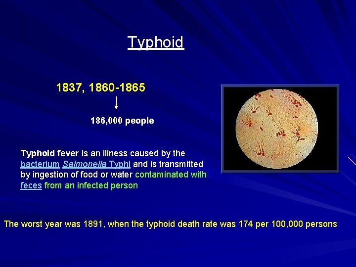 Typhoid 1837, 1860 -1865 186, 000 people Typhoid fever is an illness caused by