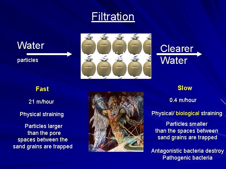 Filtration Water particles Fast 21 m/hour solids Clearer Water Slow 0. 4 m/hour Physical