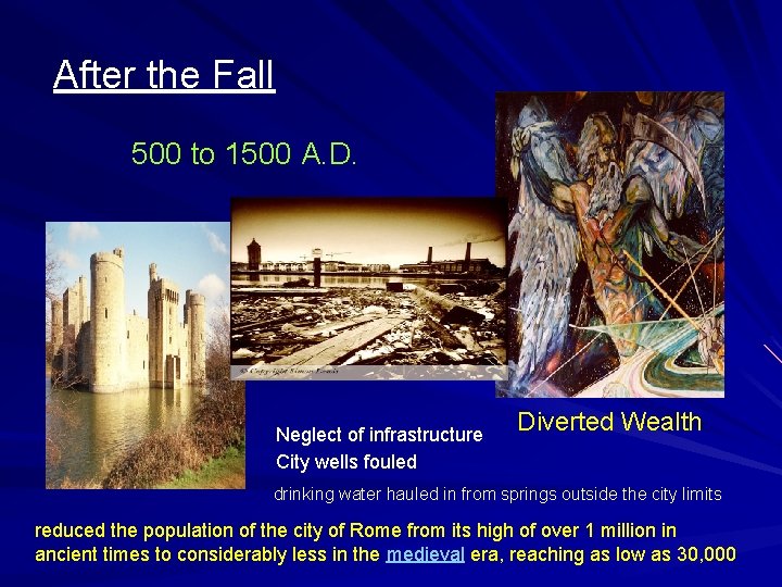 After the Fall 500 to 1500 A. D. Neglect of infrastructure City wells fouled