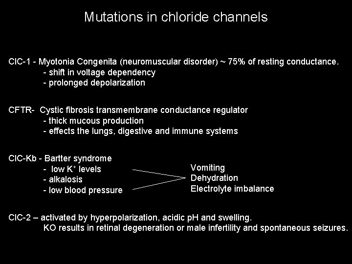 Mutations in chloride channels Cl. C-1 - Myotonia Congenita (neuromuscular disorder) ~ 75% of