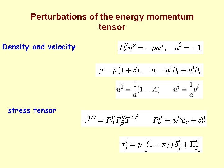Perturbations of the energy momentum tensor Density and velocity stress tensor 