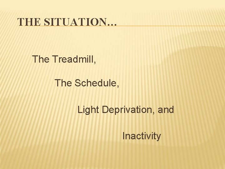 THE SITUATION… The Treadmill, The Schedule, Light Deprivation, and Inactivity 