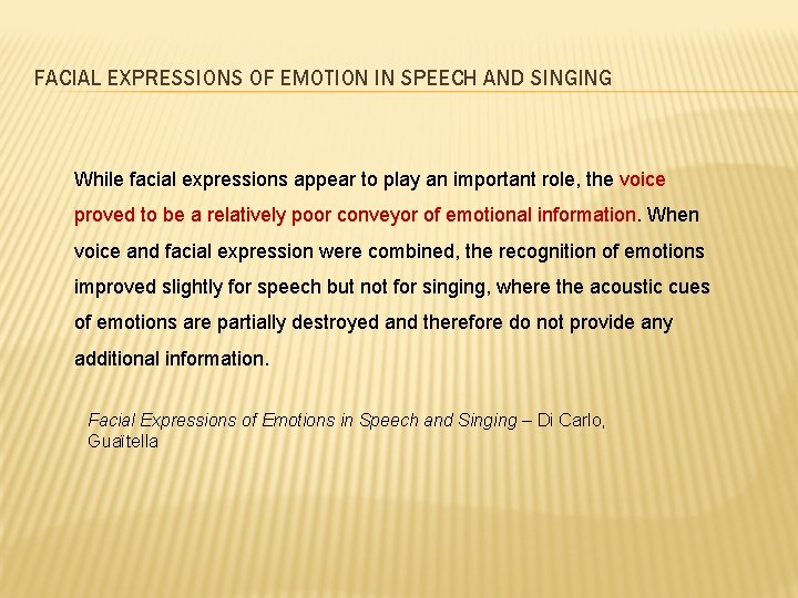 FACIAL EXPRESSIONS OF EMOTION IN SPEECH AND SINGING While facial expressions appear to play