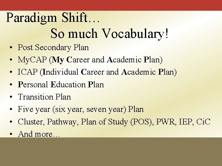 Paradigm Shift… So much Vocabulary! • • Post Secondary Plan My. CAP (My Career