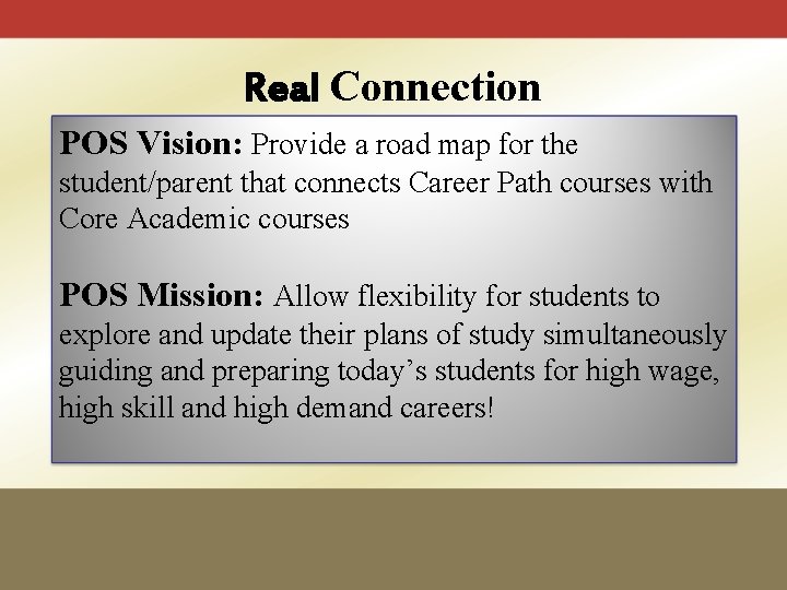 Real Connection POS Vision: Provide a road map for the student/parent that connects Career