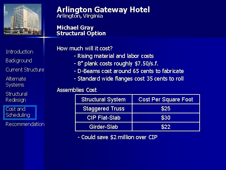 Arlington Gateway Hotel Arlington, Virginia Michael Gray Structural Option Introduction Background Current Structure Alternate