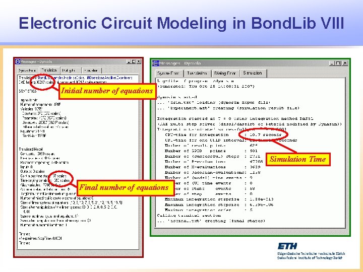 Electronic Circuit Modeling in Bond. Lib VIII Initial number of equations Simulation Time Final