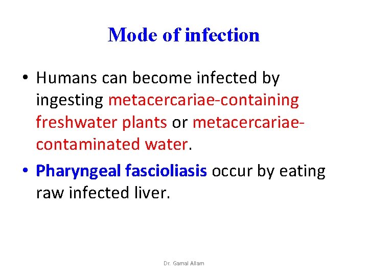 Mode of infection • Humans can become infected by ingesting metacercariae-containing freshwater plants or