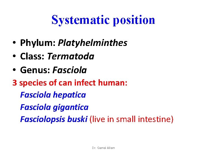 Systematic position • Phylum: Platyhelminthes • Class: Termatoda • Genus: Fasciola 3 species of