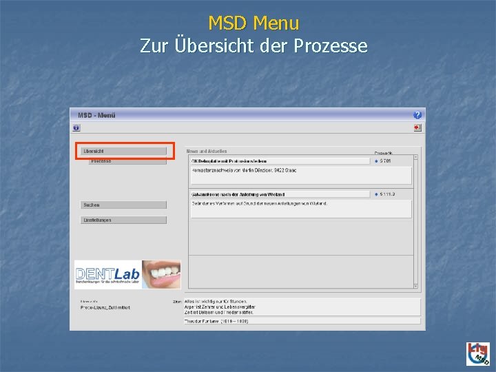 MSD Menu Zur Übersicht der Prozesse 