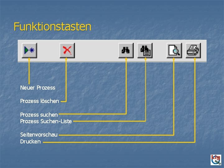 Funktionstasten Neuer Prozess löschen Prozess suchen Prozess Suchen-Liste Seitenvorschau Drucken 