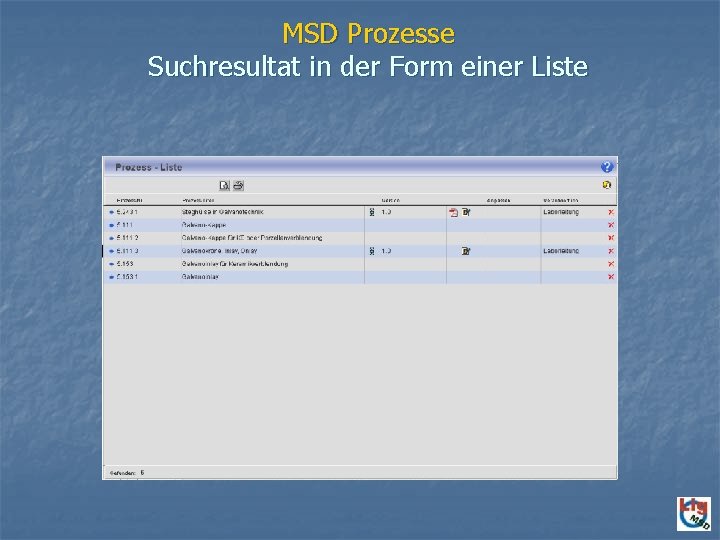 MSD Prozesse Suchresultat in der Form einer Liste 