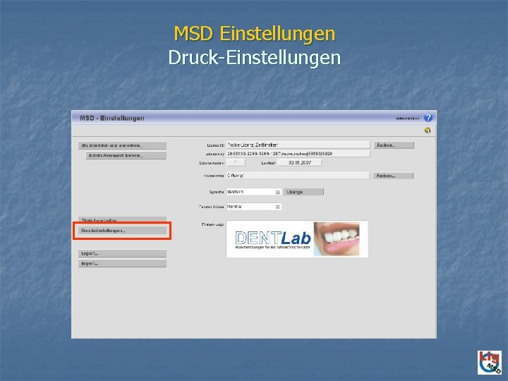 MSD Einstellungen Druck-Einstellungen 