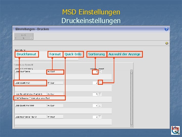 MSD Einstellungen Druckeinstellungen Druckformat Format Quick-Info Sortierung Auswahl der Anzeige 