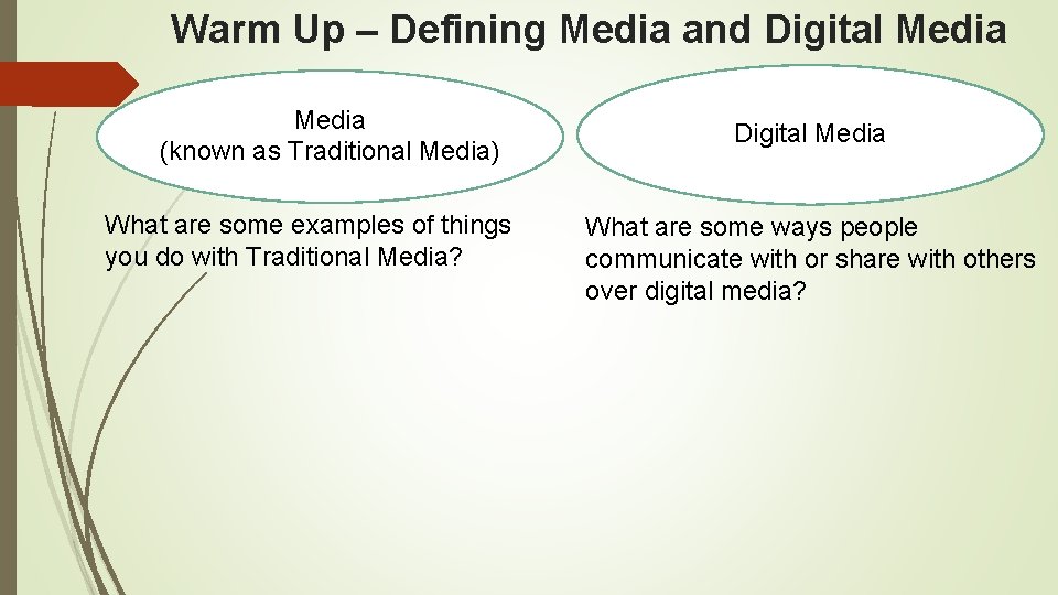 Warm Up – Defining Media and Digital Media (known as Traditional Media) What are