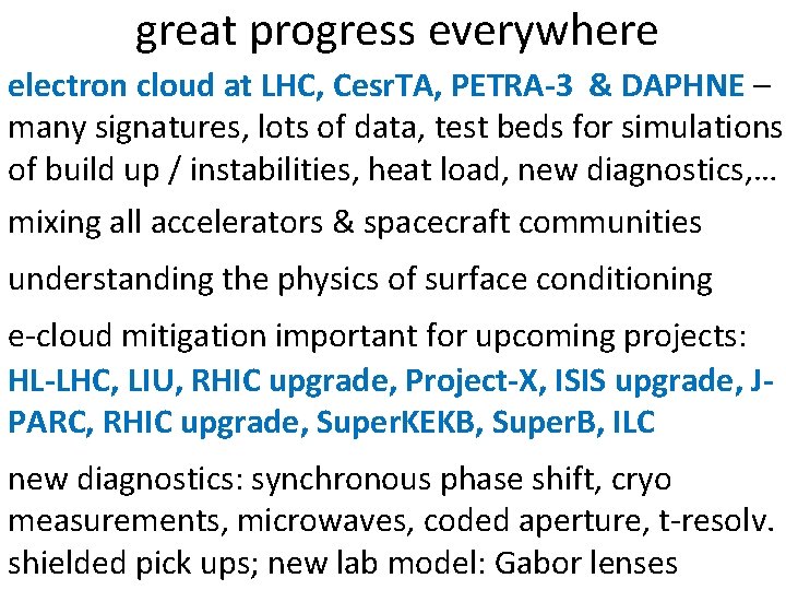 great progress everywhere electron cloud at LHC, Cesr. TA, PETRA-3 & DAPHNE – many