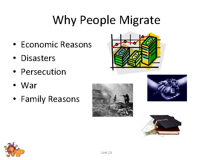 Why People Migrate • • • Economic Reasons Disasters Persecution War Family Reasons Unit