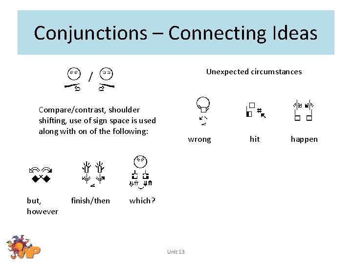 Conjunctions – Connecting Ideas Unexpected circumstances / Compare/contrast, shoulder shifting, use of sign space