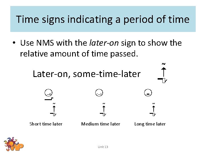 Time signs indicating a period of time • Use NMS with the later-on sign