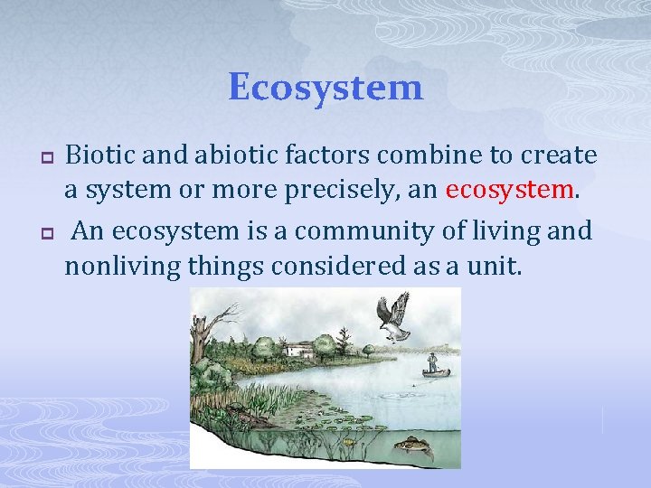 Ecosystem p p Biotic and abiotic factors combine to create a system or more