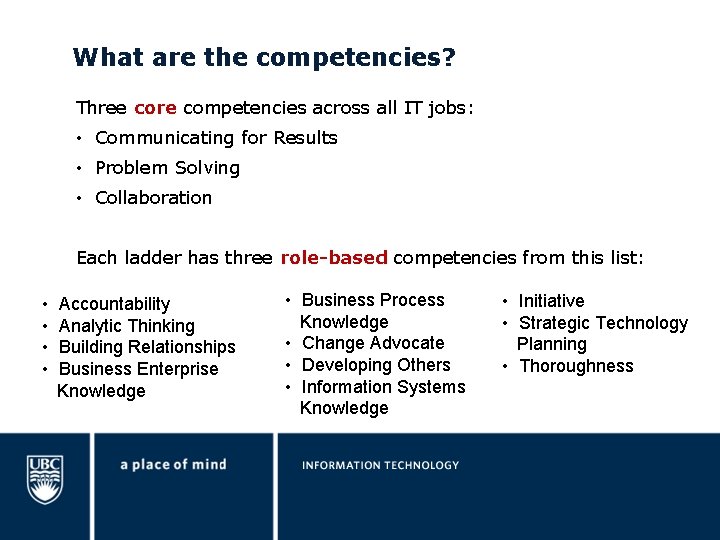 What are the competencies? Three core competencies across all IT jobs: • Communicating for