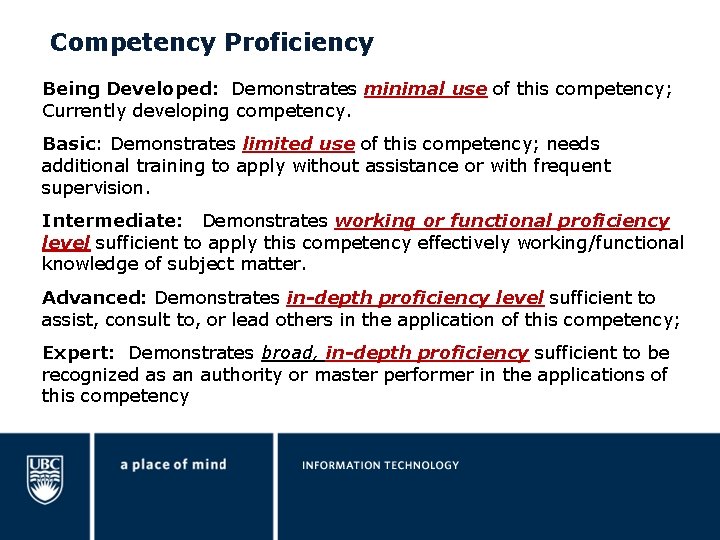 Competency Proficiency Being Developed: Demonstrates minimal use of this competency; Currently developing competency. Basic: