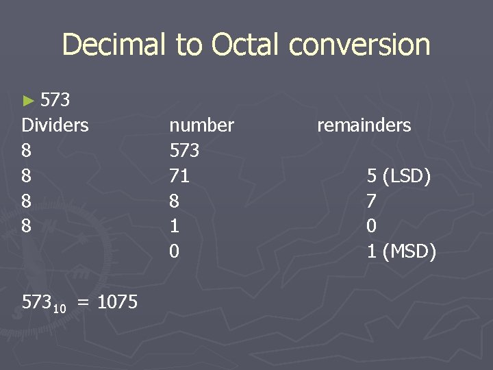 Decimal to Octal conversion ► 573 Dividers 8 8 57310 = 1075 number 573