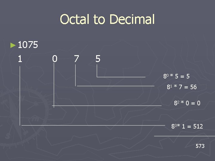 Octal to Decimal ► 1075 1 0 7 5 80 * 5 = 5