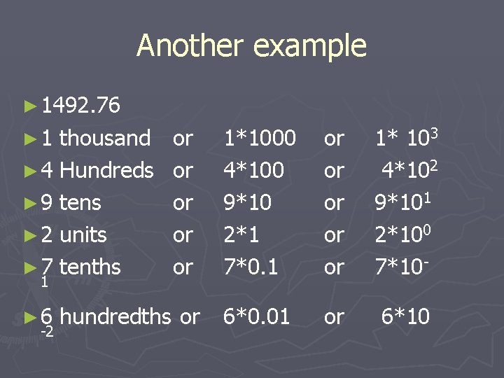 Another example ► 1492. 76 ► 1 thousand ► 4 Hundreds ► 9 tens