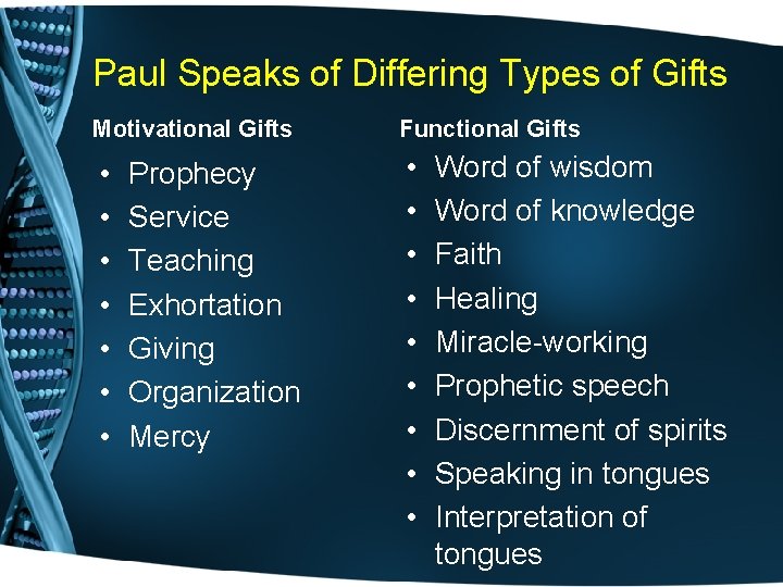 Paul Speaks of Differing Types of Gifts Motivational Gifts Functional Gifts • • •