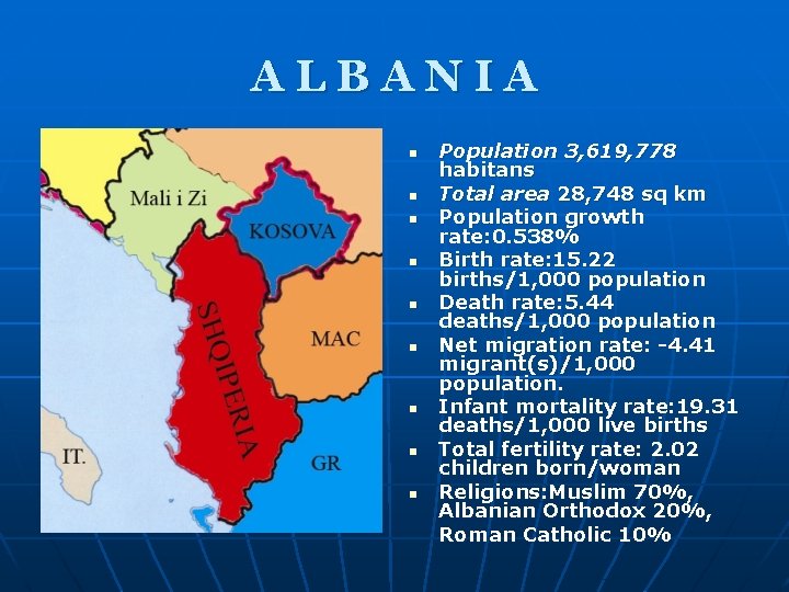 ALBANIA n n n n n Population 3, 619, 778 habitans Total area 28,