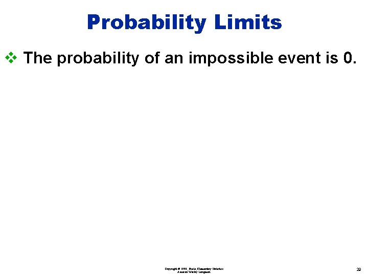 Probability Limits v The probability of an impossible event is 0. Copyright © 1998,