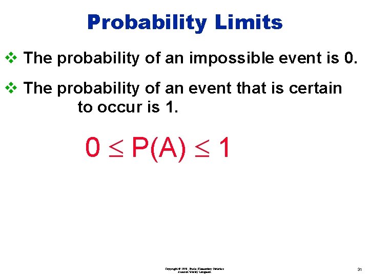 Probability Limits v The probability of an impossible event is 0. v The probability